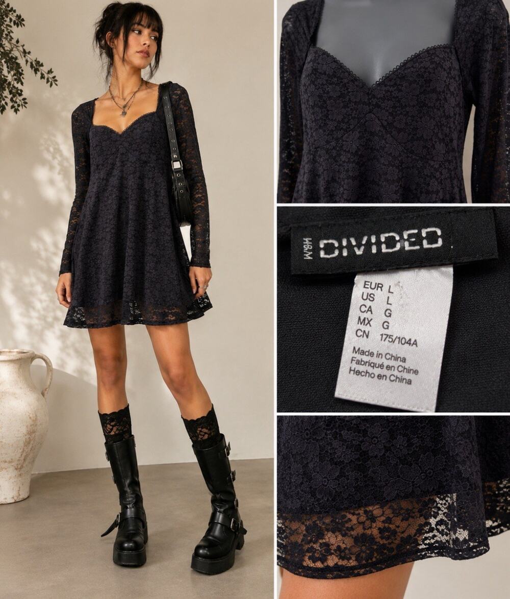 NWT Grunge Divided H&M Long Sleeve Lace Mini Dress Size L Black Romantic Goth